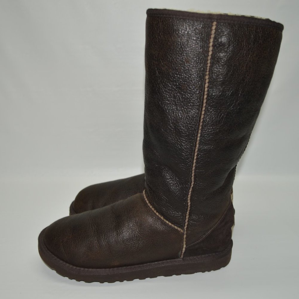 UGG Classic Tall Bomber Brown Leather Fur Lined - Picture 9 of 13
